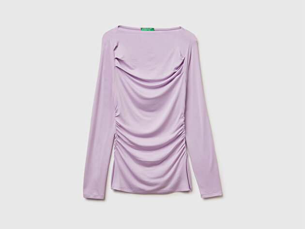 Benetton Kadın Lila Modal Karışımlı Slim Fit Kayık Yaka Uzun Kollu T-Shirt