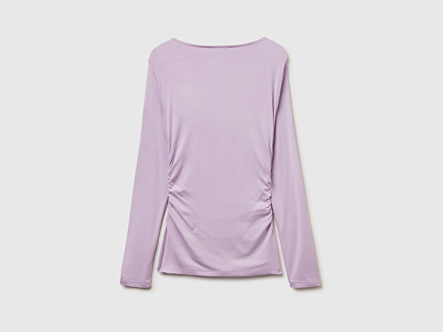 Benetton Kadın Lila Modal Karışımlı Slim Fit Kayık Yaka Uzun Kollu T-Shirt