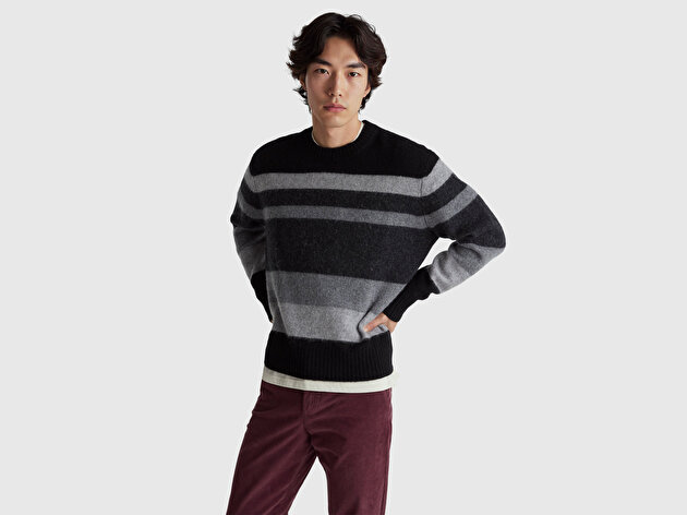 Benetton Erkek Siyah %100 Yün Renk Bloklu Bisiklet Yaka Kazak