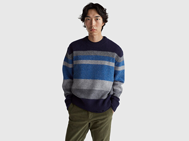 Benetton Erkek Lacivert %100 Yün Renk Bloklu Bisiklet Yaka Kazak