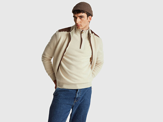 Benetton Erkek Krem Yün Karışımlı Dik Yaka Yarım Fermuarlı Dirsek Yamalı Triko