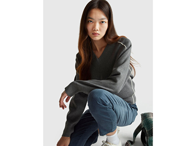 Benetton Kadın Antrasit Melanj Viskoz Karışımlı Ribana Detaylı V Yaka Kazak