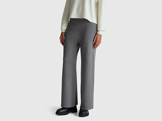 Benetton Kadın Antrasit Melanj Viskoz Karışımlı Beli Lastikli Geniş Paça Pantolon