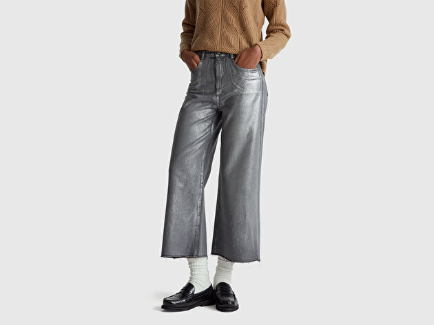 Benetton Kadın Koyu Gri %100 Pamuk Wide Leg Orta-Yüksek Bel Denim Pantolon