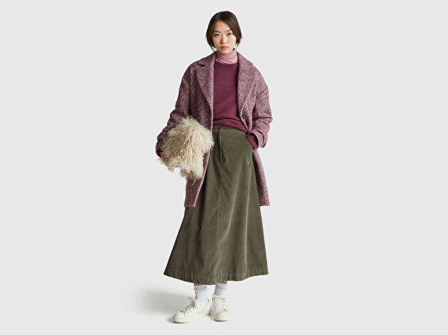 Benetton Kadın Haki %100 Pamuk Kadife Kloş Fermuarlı Midi Etek