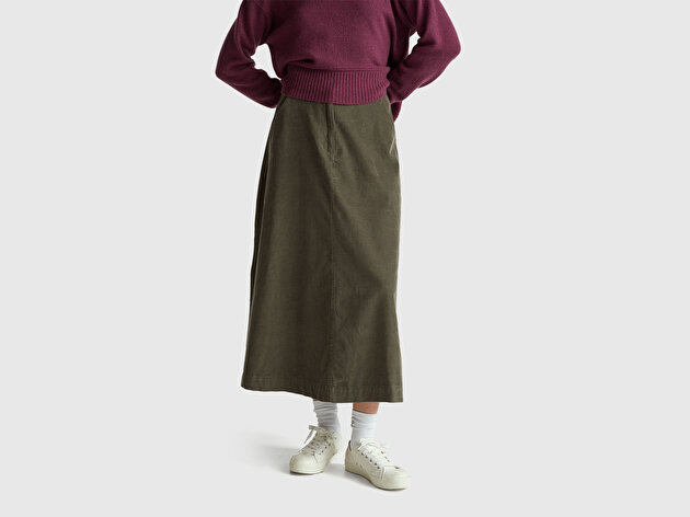 Benetton Kadın Haki %100 Pamuk Kadife Kloş Fermuarlı Midi Etek