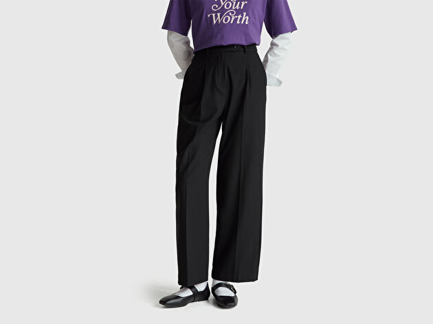 Benetton Kadın Siyah Viskoz Karışımlı Cepli Önden Fermuarlı Pantolon