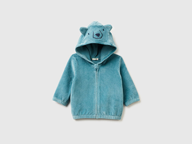Benetton Bebek Koyu Yeşil Nervür Desenli İşlemeli Kulaklı Kapüşonlu Sweatshirt