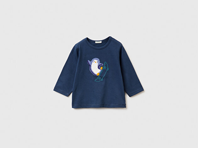 Benetton Bebek Lacivert Önü Baskılı Bisiklet Yaka Uzun Kollu T-shirt