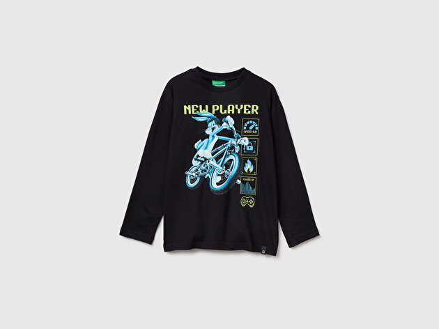 Benetton Erkek Çocuk Siyah Tazmanya Baskılı Jarse Kabartmalı Uzun Kollu T-shirt