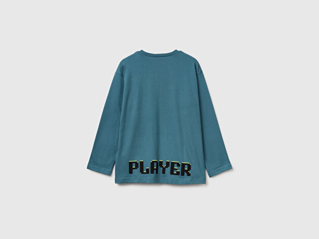 Benetton Erkek Çocuk Gri-Yeşil Tazmanya Baskılı Jarse Kabartmalı Uzun Kollu T-shirt