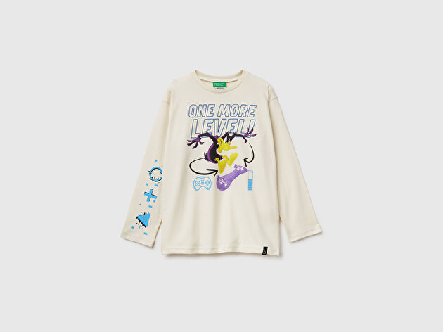 Benetton Erkek Çocuk Krem Tazmanya Baskılı Jarse Kabartmalı Uzun Kollu T-shirt