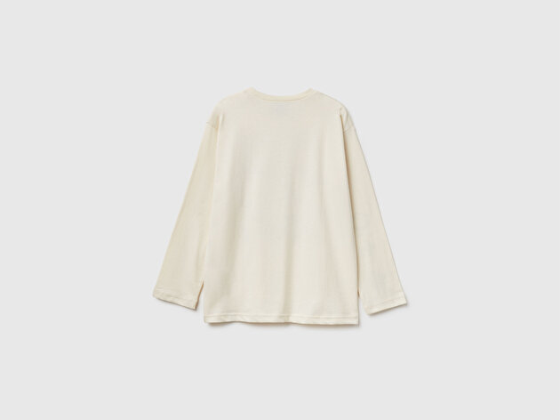 Benetton Erkek Çocuk Krem Tazmanya Baskılı Jarse Kabartmalı Uzun Kollu T-shirt