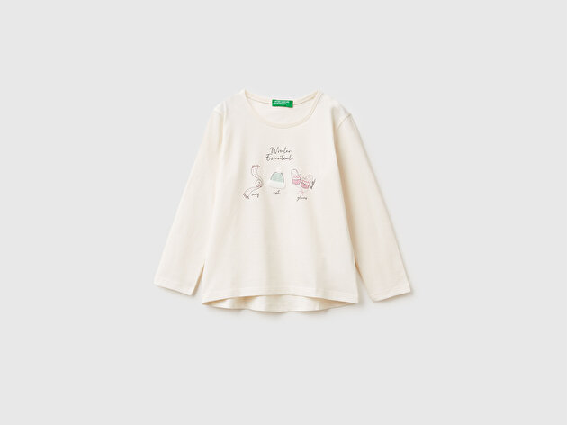 Benetton Kız Bebek Ekru Önü Baskılı Arkası Uzun Bisiklet Yaka Uzun Kollu T-shirt