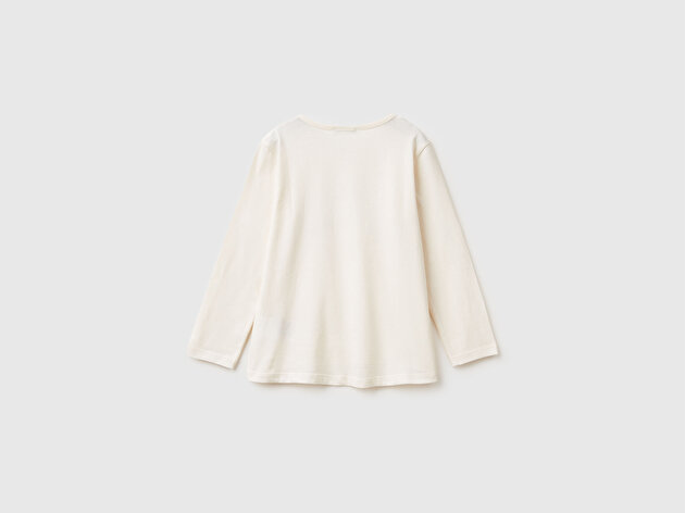 Benetton Kız Bebek Ekru Önü Baskılı Arkası Uzun Bisiklet Yaka Uzun Kollu T-shirt