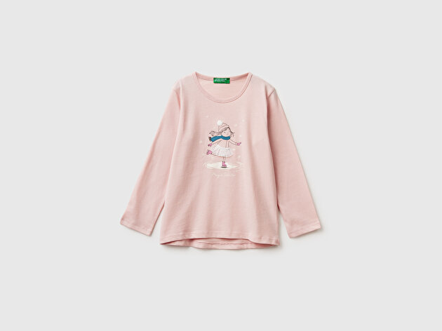 Benetton Kız Bebek Toz Pembe Önü Baskılı Arkası Uzun Bisiklet Yaka Uzun Kollu T-shirt