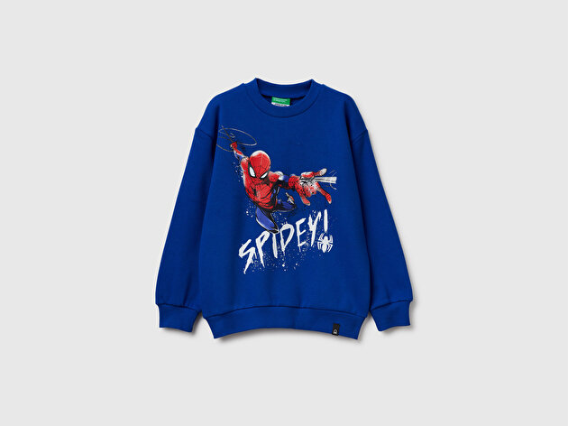 Benetton Erkek Çocuk Saks Mavisi Spiderman Baskılı Logolu Ribanalı Yuvarlak Yaka Sweatshirt