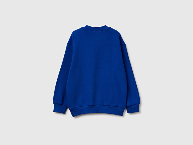 Benetton Erkek Çocuk Saks Mavisi Spiderman Baskılı Logolu Ribanalı Yuvarlak Yaka Sweatshirt