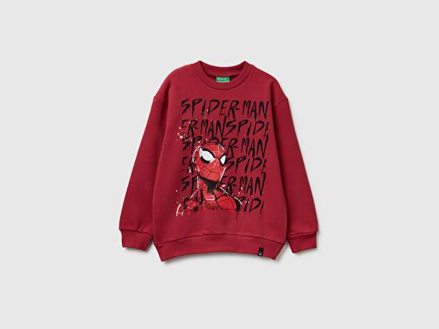 Benetton Erkek Çocuk Bordo Spiderman Baskılı Logolu Ribanalı Yuvarlak Yaka Sweatshirt