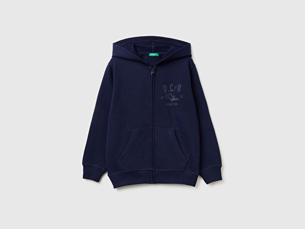 Benetton Erkek Çocuk Lacivert Önü Logo Baskılı Cepli Fermuarlı Sweatshirt