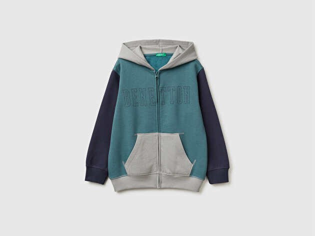 Benetton Erkek Çocuk Koyu Yeşil-Gri Önü Logo Baskılı Cepli Fermuarlı Sweatshirt