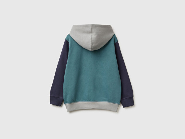 Benetton Erkek Çocuk Koyu Yeşil-Gri Önü Logo Baskılı Cepli Fermuarlı Sweatshirt