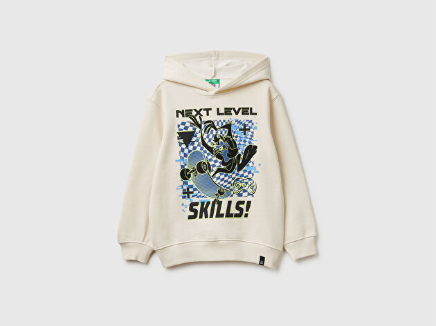 Benetton Erkek Çocuk Krem Tazmanya Baskılı Ribanalı Kapüşonlu Oversize Sweatshirt