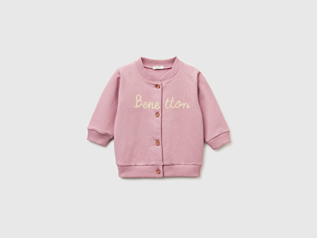 Benetton Bebek Gül Kurusu Önü Logo Baskılı Düğmeli Bomber Yaka Sweatshirt Hırka