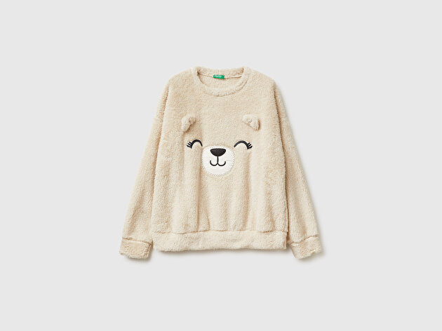 Benetton Kadın Krem Polar Teddy  Nakışlı Pijama Üstü