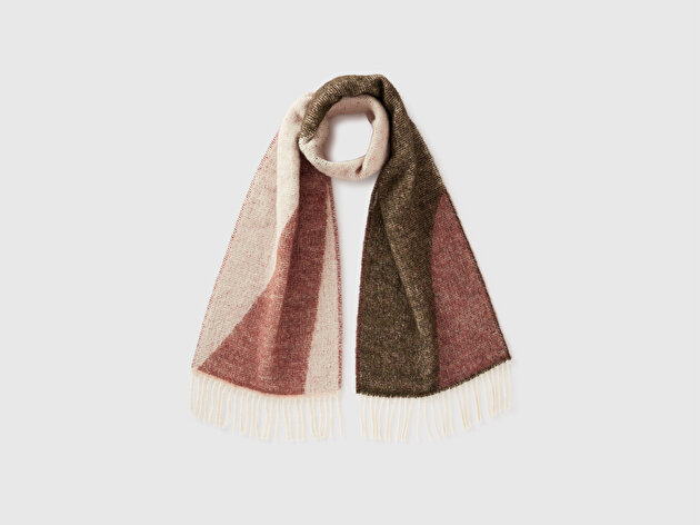 Benetton Kadın Haki Akrilik Karışımlı Desenli Püsküllü Atkı