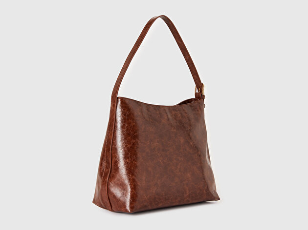 Benetton Kadın Koyu Kahverengi Suni Deri Parlak Fermuarlı Omuz Çantası