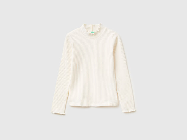 Benetton Kız Çocuk Ekru Logo Etiketli Fırfır Detaylı Bebe Yaka Uzun Kollu T-Shirt