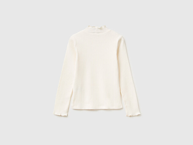 Benetton Kız Çocuk Ekru Logo Etiketli Fırfır Detaylı Bebe Yaka Uzun Kollu T-Shirt