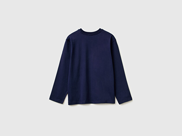Benetton Erkek Çocuk Lacivert Önü Logo Baskılı Uzun Kollu T-shirt