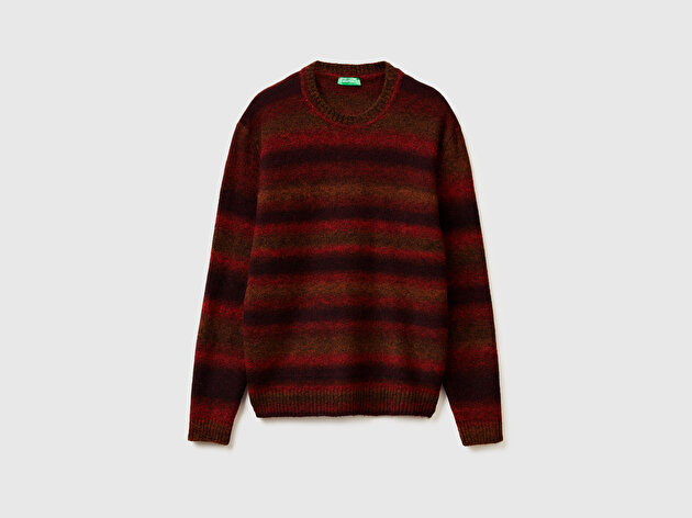 Benetton Erkek Kırmızı Desenli Yün ve Alpaka Karışımlı Desenli Bisiklet Yaka Kazak