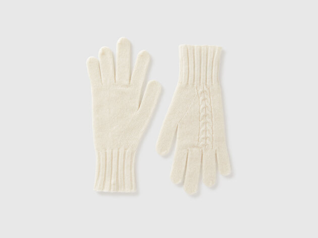 Benetton Kadın Krem Yün Karışımlı Nervürlü Örgü Eldiven