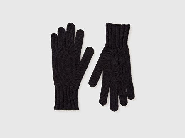 Benetton Kadın Siyah Yün Karışımlı Nervürlü Örgü Eldiven