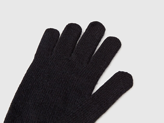 Benetton Kadın Siyah Yün Karışımlı Nervürlü Örgü Eldiven