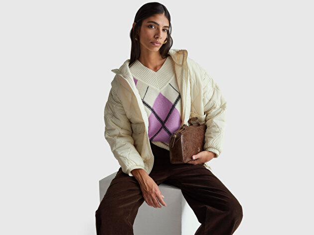 Benetton Kadın Mor Mix Yün Karışımlı Baklava Desenli Ribana Detaylı V Yaka Kazak