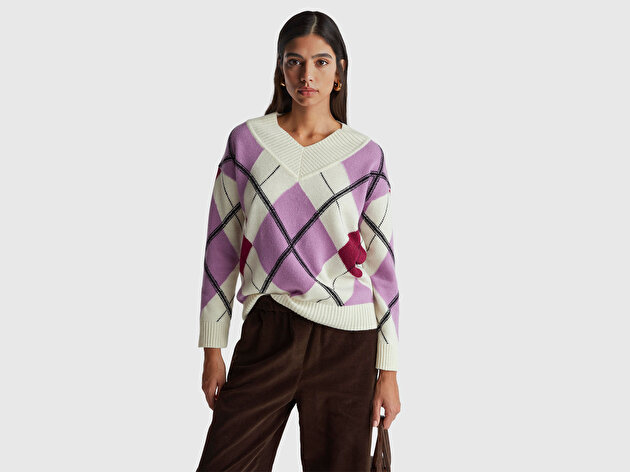 Benetton Kadın Mor Mix Yün Karışımlı Baklava Desenli Ribana Detaylı V Yaka Kazak