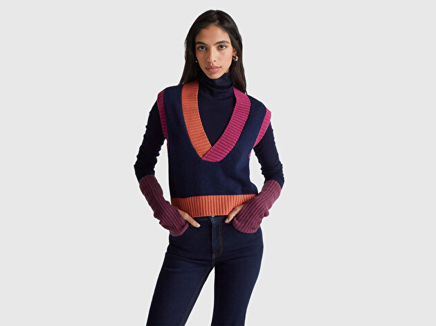 Benetton Kadın Lacivert Akrilik ve Yün Karışımlı Ribana Detaylı V Yaka Kolsuz Kazak