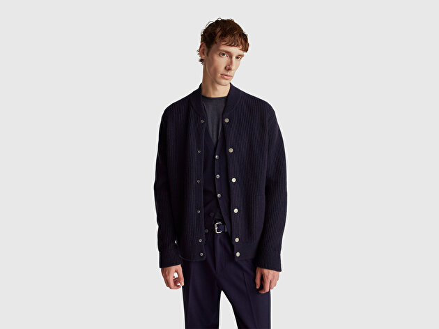 Benetton Erkek Lacivert Yün Karışımlı Önü Cep Detaylı Çıtçıt Düğmeli Hırka