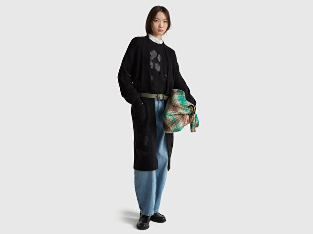 Benetton Kadın Siyah Akrilik ve Yün Karışımlı Ribana Detaylı Cepli Uzun Hırka