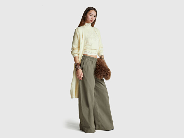 Benetton Kadın Krem Akrilik ve Yün Karışımlı Ribana Detaylı Cepli Uzun Hırka