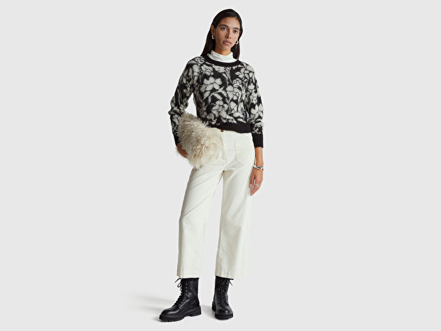 Benetton Kadın Siyah Akrilik Karışımlı Desenli Ribana Detaylı Bisiklet Yaka Kazak