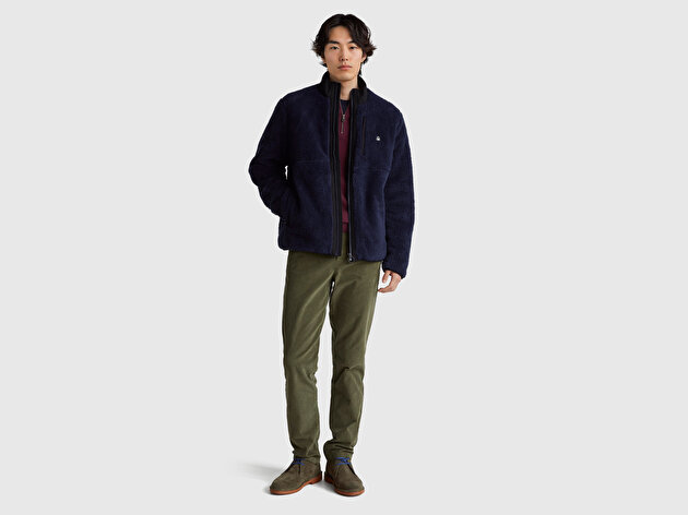 Benetton Erkek Lacivert Önü Logo İşlemeli Cep Detaylı Dik Yaka Polar Ceket