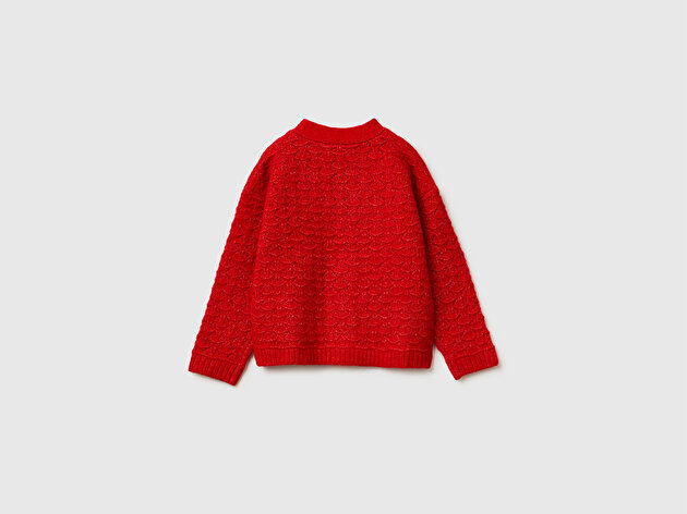 Benetton Kız Bebek Kırmızı Nakış İşlemeli V Yaka Hırka