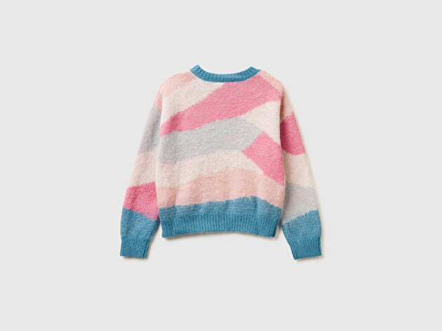 Benetton Kız Çocuk Petrol Mavisi-Pembe Mix Çok Renkli Desenli Jarse Kazak