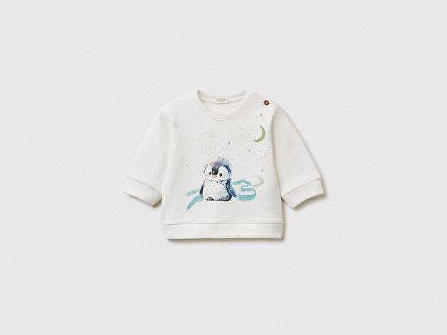 Benetton Bebek Ekru Önü Baskılı Omzu Düğmeli Bisiklet Yaka Sweatshirt
