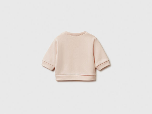 Benetton Bebek Toz Pembe Önü Baskılı Omzu Düğmeli Bisiklet Yaka Sweatshirt